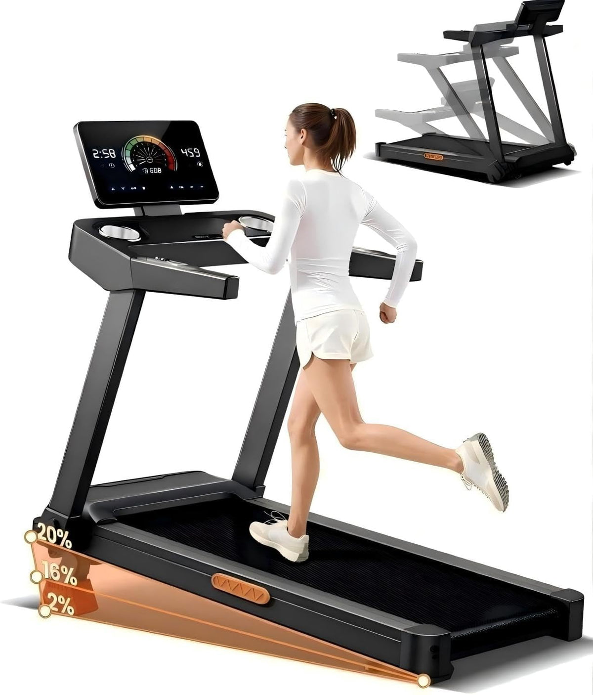 Foldable Treadmills for Home with 20% Incline, 14KM/H Treadmill with Handle