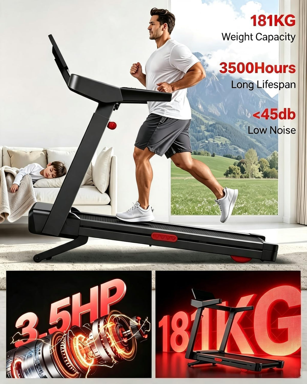 Foldable Treadmills for Home with 20% Incline, 14KM/H Treadmill with Handle