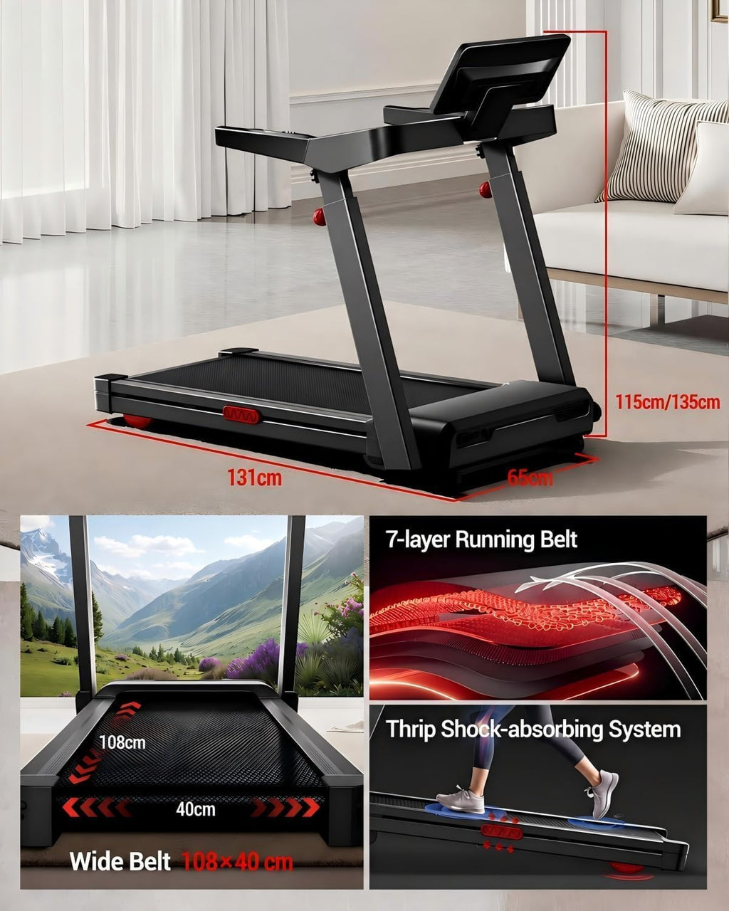 Foldable Treadmills for Home with 20% Incline, 14KM/H Treadmill with Handle