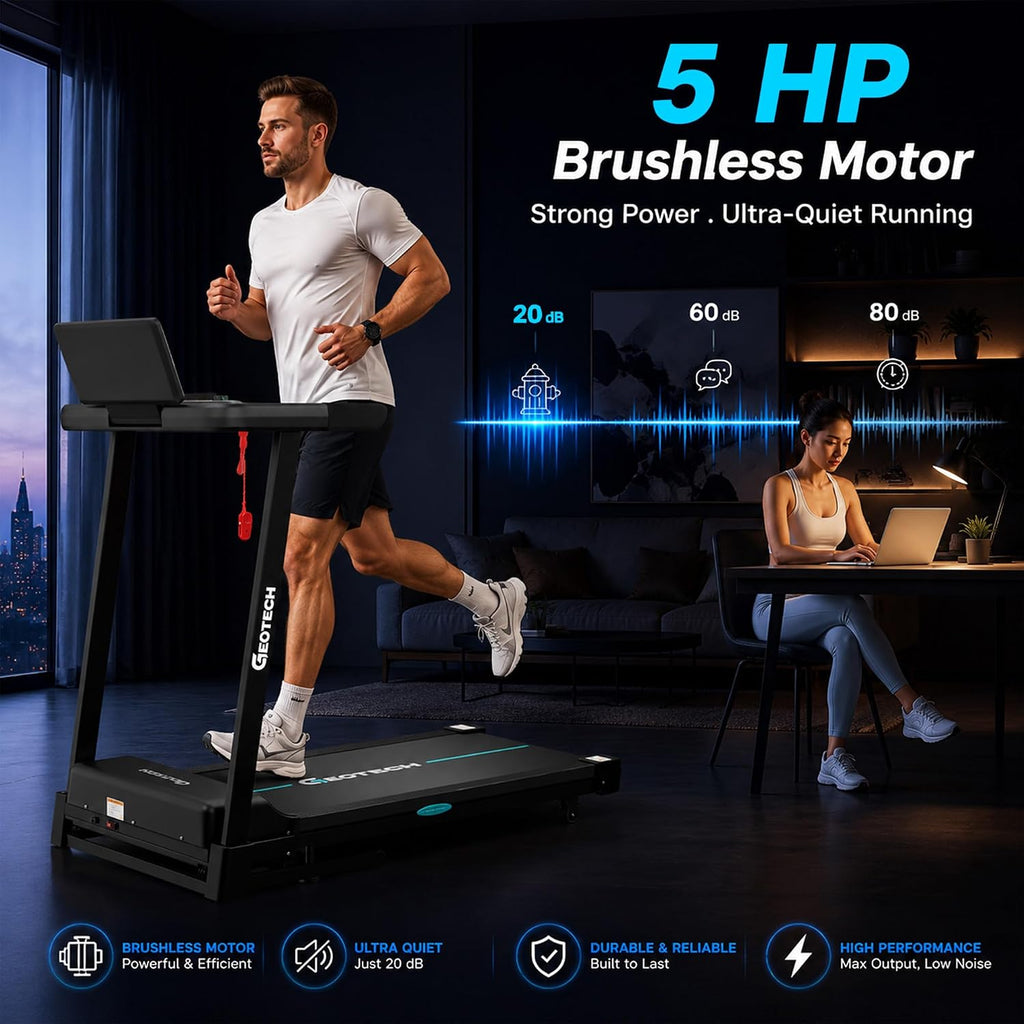 GEOTECH Foldable Treadmill for Home with 15% Auto Incline, 5.0HP Brushless Motor, 14KM/H Running Machine Walking Machine with Handle, Heavy Duty Treadmill for Heavy People 180KG, Large Running Belt