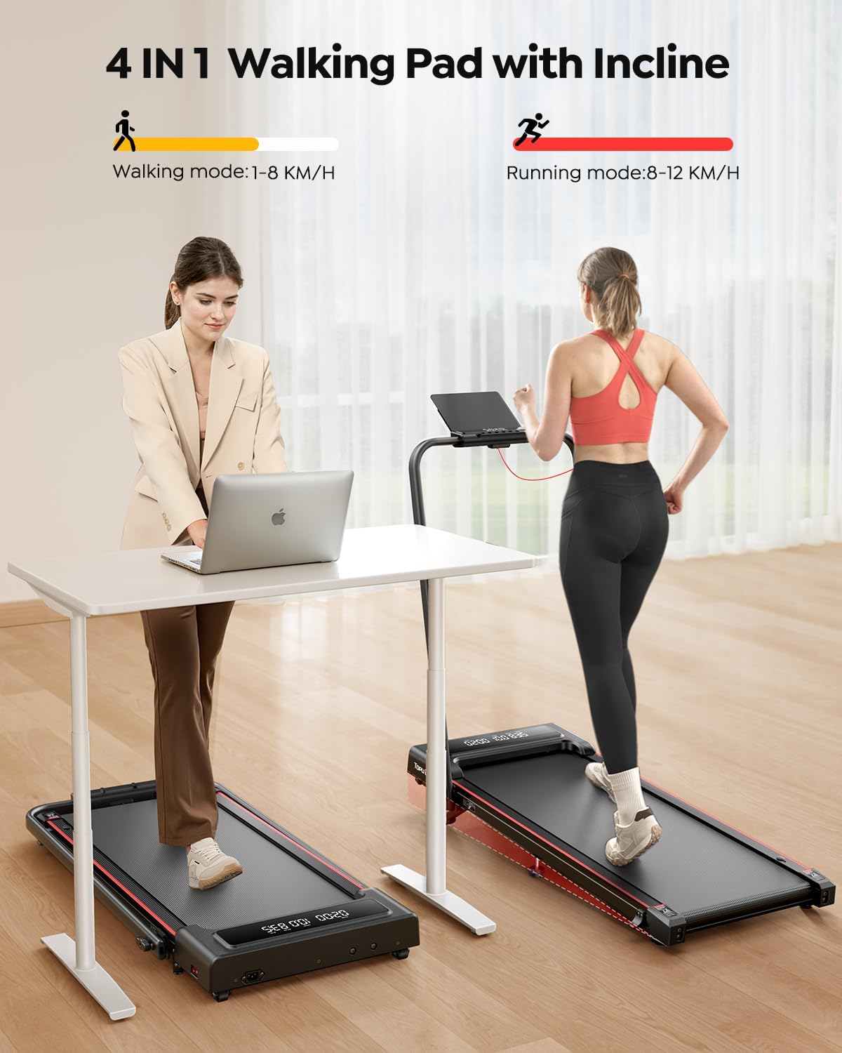 Folding Treadmills for Home with 9% Incline, 12 KM/H Portable Under Desk Treadmill, Foldable Treadmills with handle bar, App, Remote Control, Dual LED Display, Space-Saving Design for Home and Office