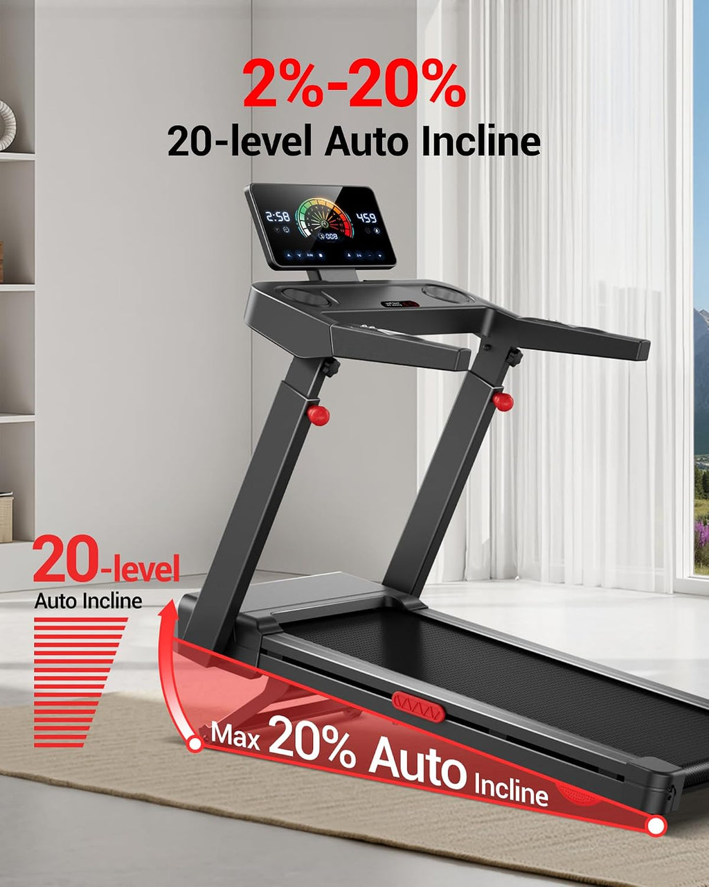3.5 HP Treadmills for Home with Auto 20% Incline, 14KM/H Foldable Treadmill