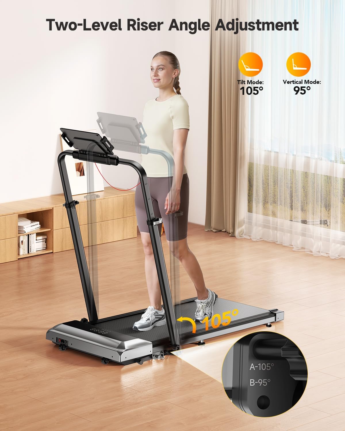 Folding Treadmill with 1%-6%-12% Incline, Treadmills for Home with 115 CM Retractable Handrail, 95°-105° Adjustable Tilt Angle, 12 KM/H Under Desk Walking Pad Treadmills, App, Remote & LED Display