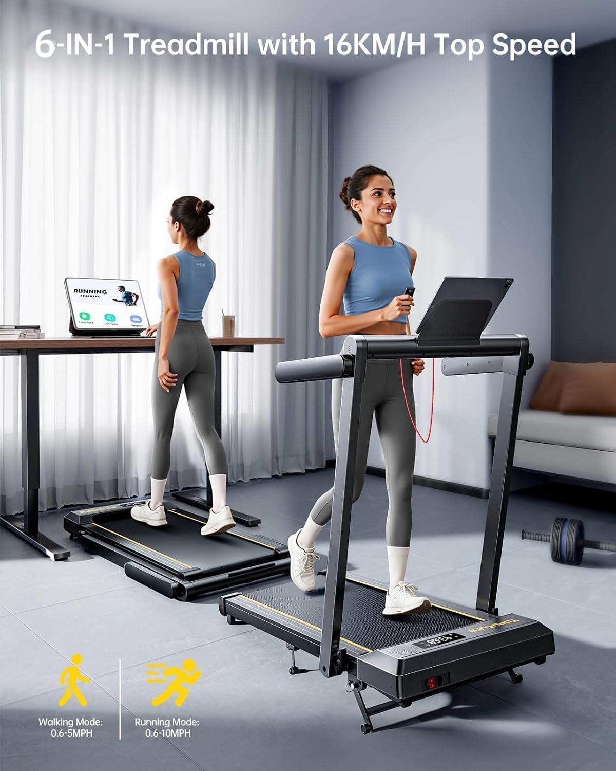 Folding Treadmill with 12% Incline, 6 in 1 Treadmills for Home/Office, Heart Rate, 16KM/H Portable Treadmill, 2.5HP Under Desk Walking Pad, Dual LED Screen, App, Bluetooth Speaker