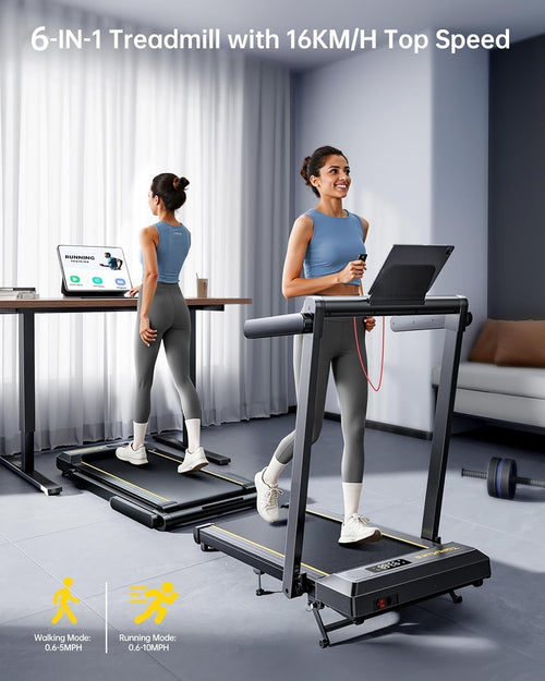 Folding Treadmill with 12% Incline, 6 in 1 Treadmills for Home/Office, Heart Rate, 16KM/H Portable Treadmill, 2.5HP Under Desk Walking Pad, Dual LED Screen, App, Bluetooth Speaker