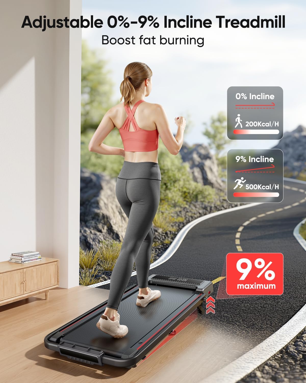 Folding Treadmills for Home with 9% Incline, 12 KM/H Portable Under Desk Treadmill, Foldable Treadmills with handle bar, App, Remote Control, Dual LED Display, Space-Saving Design for Home and Office