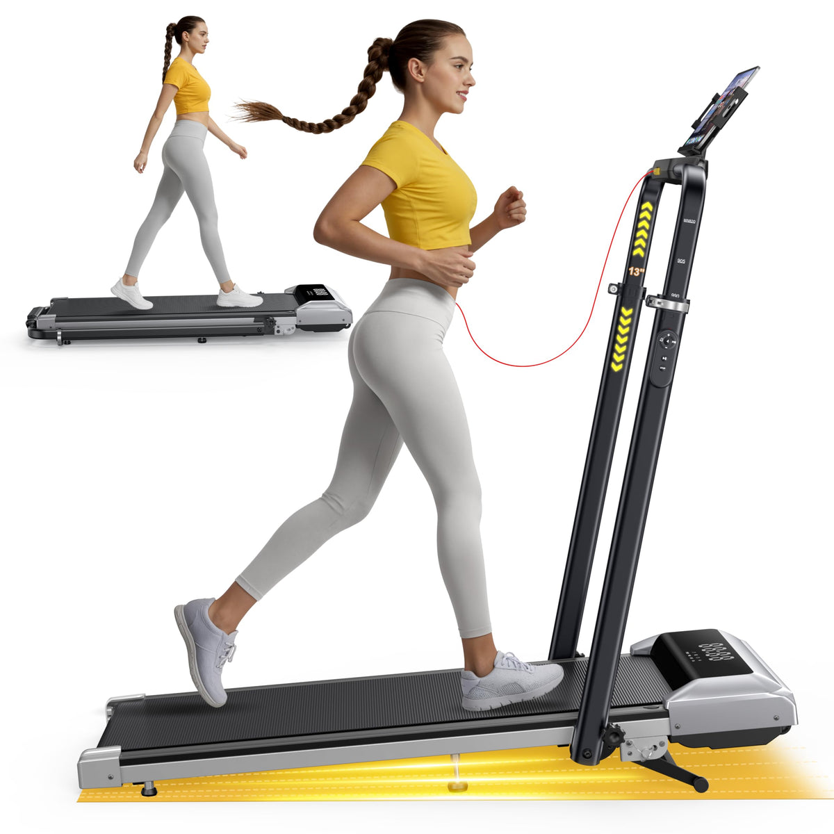 Folding Treadmill with 1%-6%-12% Incline, Treadmills for Home with 115 CM Retractable Handrail, 95°-105° Adjustable Tilt Angle, 12 KM/H Under Desk Walking Pad Treadmills, App, Remote & LED Display