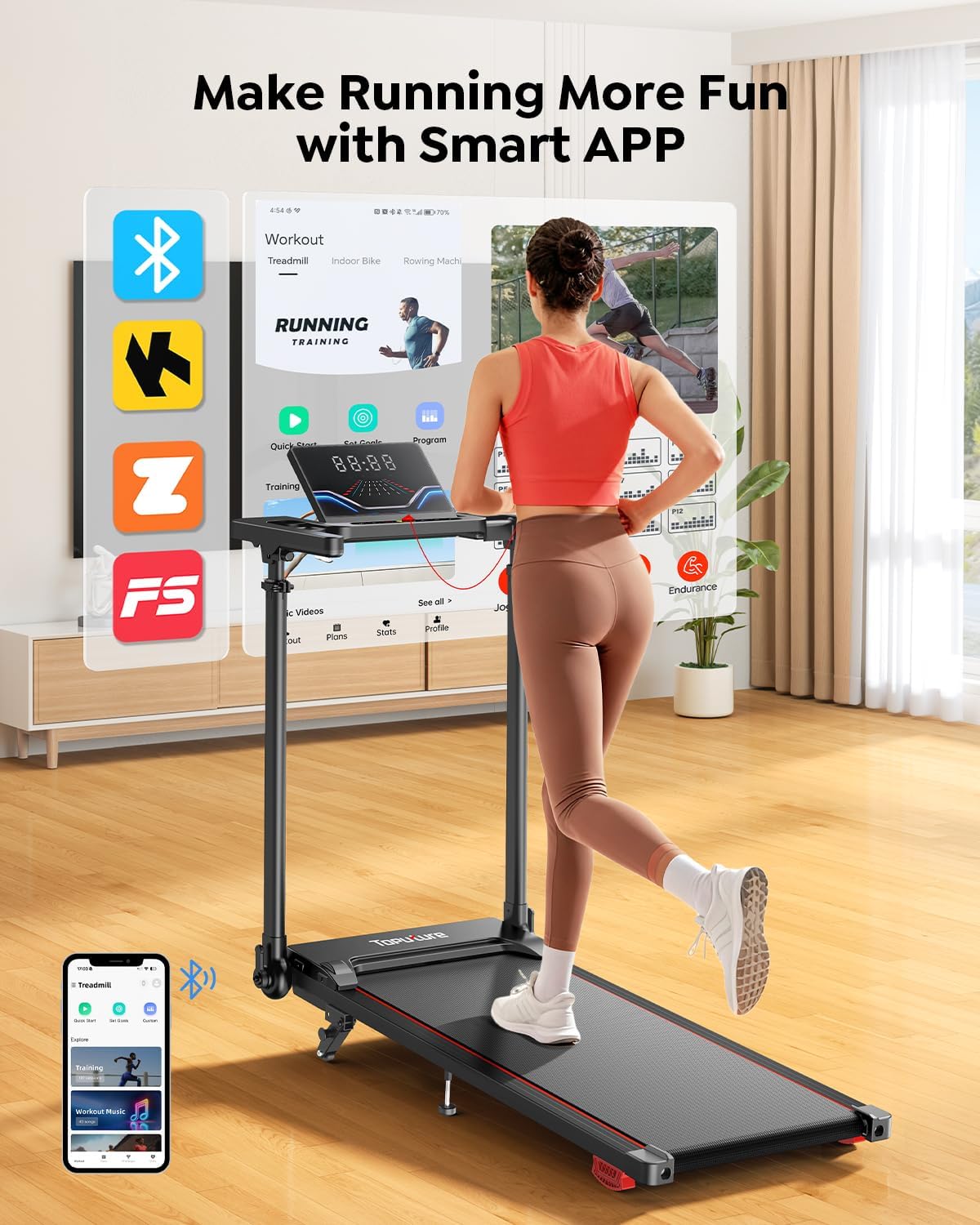 Toputure 6 in 1 Folding Treadmill with Retractable Handrail, 1%-5%-10% Incline Walking Pad Treadmills for Home, 1-12KM/H Foldable Treadmill with Table, Cup Holder, App, Magnetic Remote & LED Display