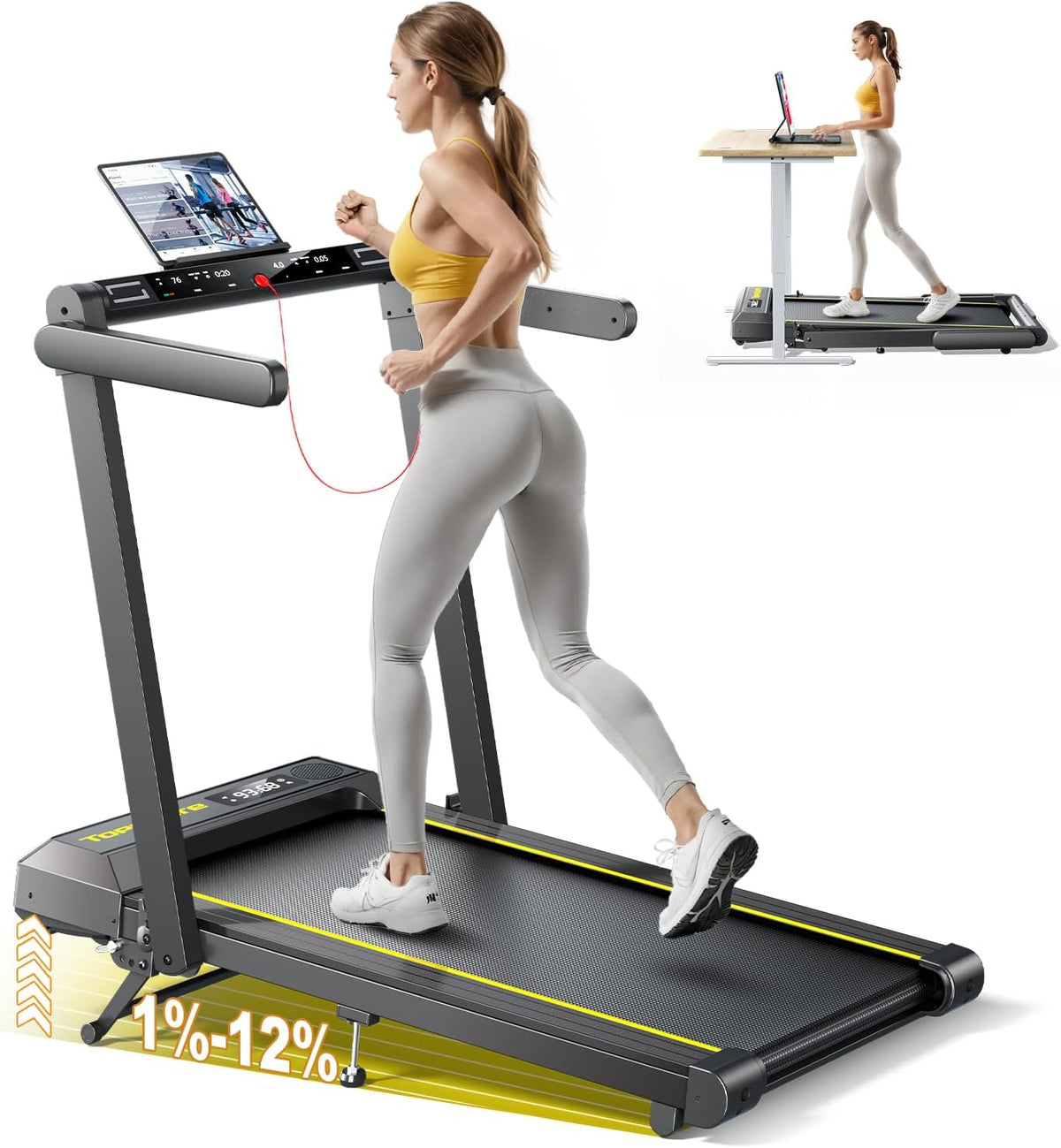 Folding Treadmill with 12% Incline, 6 in 1 Treadmills for Home/Office, Heart Rate, 16KM/H Portable Treadmill, 2.5HP Under Desk Walking Pad, Dual LED Screen, App, Bluetooth Speaker
