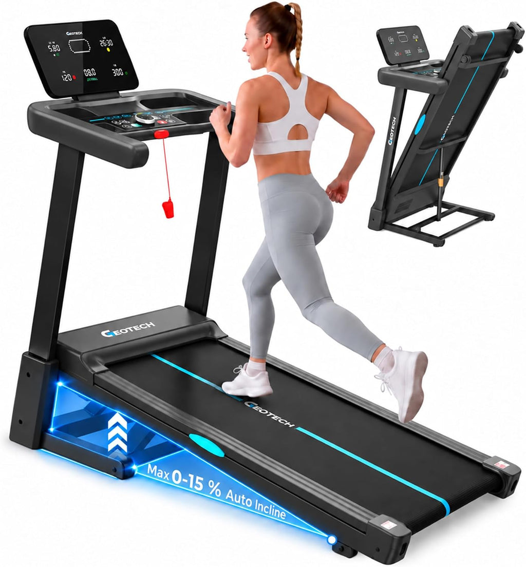 GEOTECH Foldable Treadmill for Home with 15% Auto Incline, 5.0HP Brushless Motor, 14KM/H Running Machine Walking Machine with Handle, Heavy Duty Treadmill for Heavy People 180KG, Large Running Belt