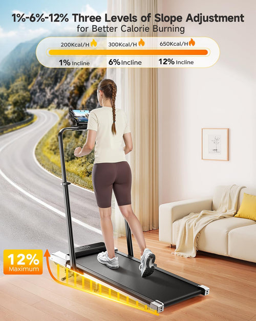 1%-6%-12% Incline Walking Pad, Folding Treadmill with 115 CM Retractable Handrail, 95°-105° Adjustable Tilt Angle, 6 in 1 Compact Treadmills for Home/Office, Under Desk Treadmills with App, Remote