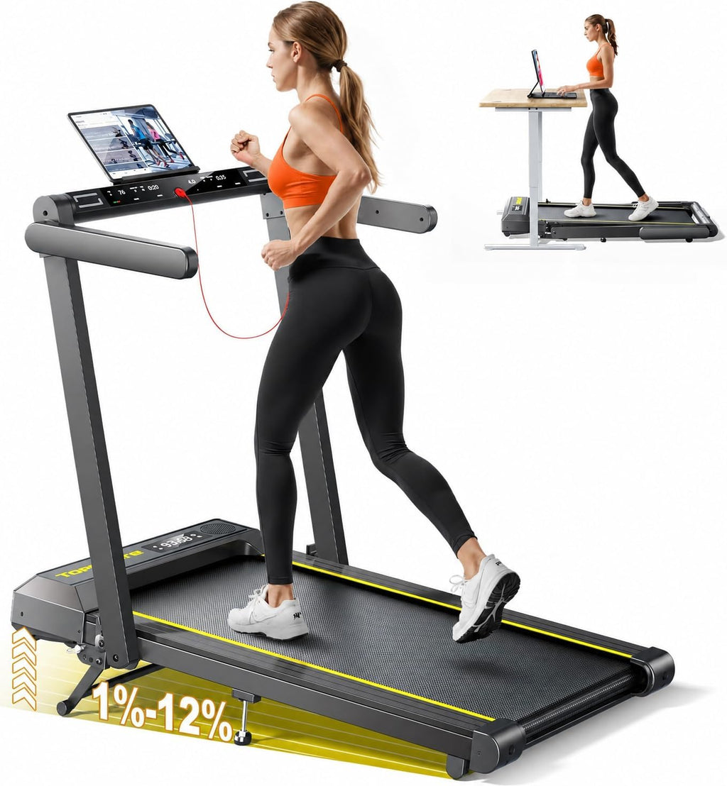 Folding Treadmill with 12% Incline, 4 in 1 Treadmills for Home/Office, Heart Rate, 16KM/H Portable Treadmill, 2.5HP Under Desk Walking Pad, Dual LED Screen, App, Bluetooth Speaker