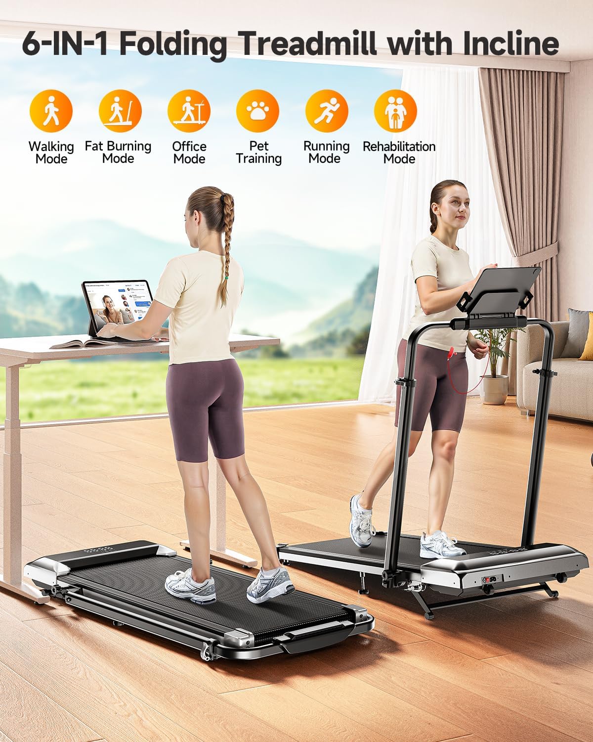 Folding Treadmill with 1%-6%-12% Incline, Treadmills for Home with 115 CM Retractable Handrail, 95°-105° Adjustable Tilt Angle, 12 KM/H Under Desk Walking Pad Treadmills, App, Remote & LED Display