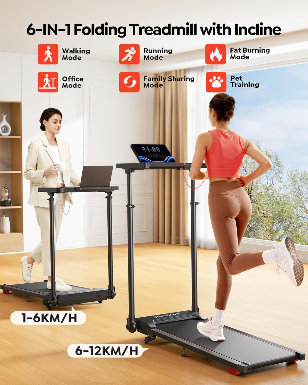 Toputure 6 in 1 Folding Treadmill with Retractable Handrail, 1%-5%-10% Incline Walking Pad Treadmills for Home, 1-12KM/H Foldable Treadmill with Table, Cup Holder, App, Magnetic Remote & LED Display