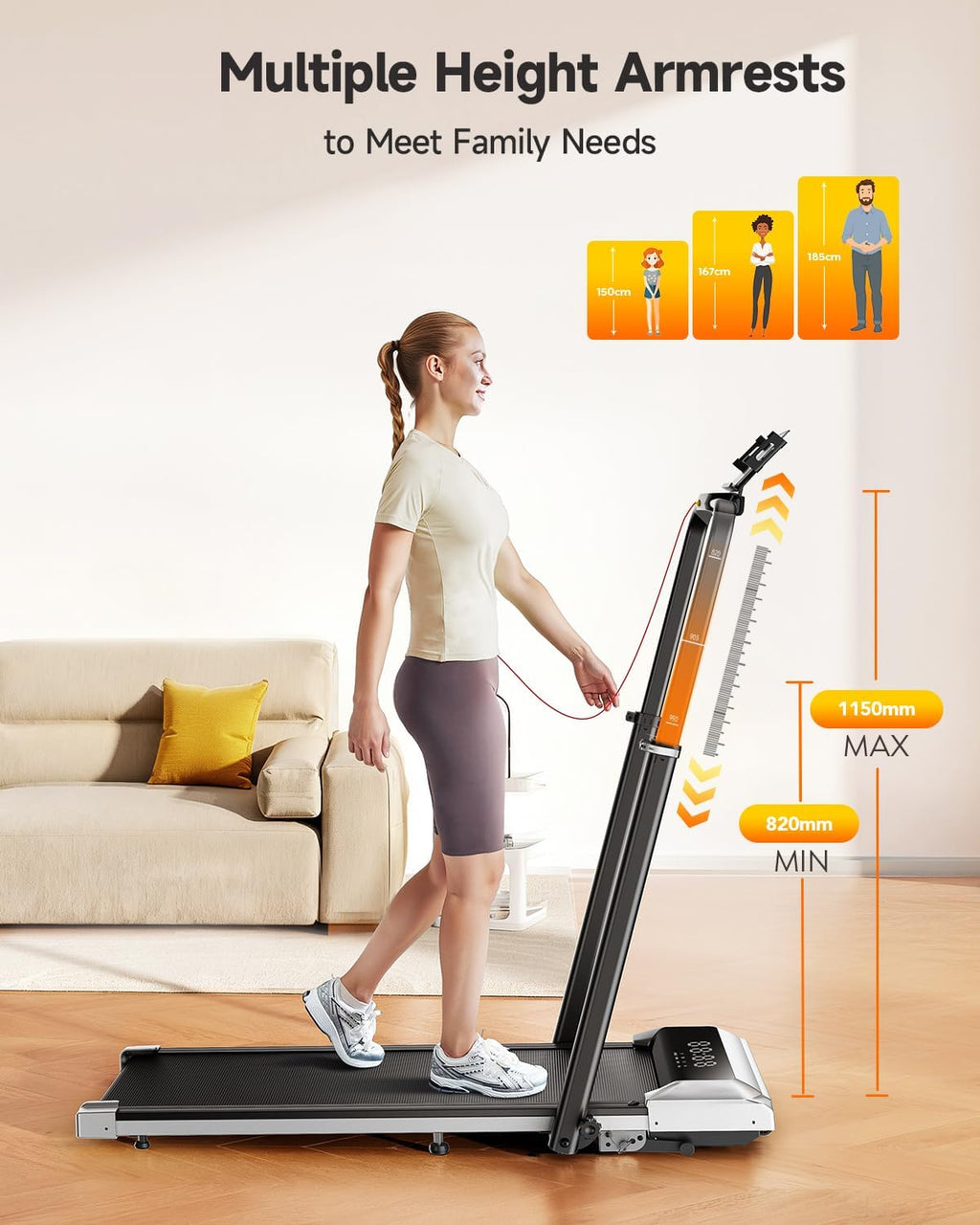 Folding Treadmill with 1%-6%-12% Incline, Treadmills for Home with 115 CM Retractable Handrail, 95°-105° Adjustable Tilt Angle, 12 KM/H Under Desk Walking Pad Treadmills, App, Remote & LED Display