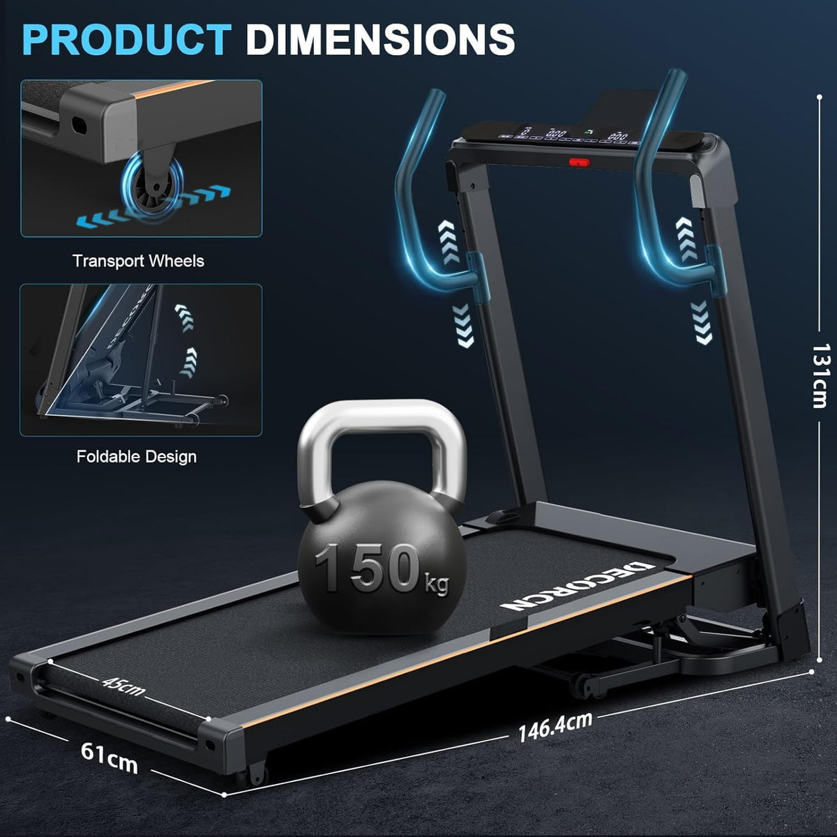 Foldable Treadmill,4.5HP,20 Level Auto Incline,16km/h,150KG limited