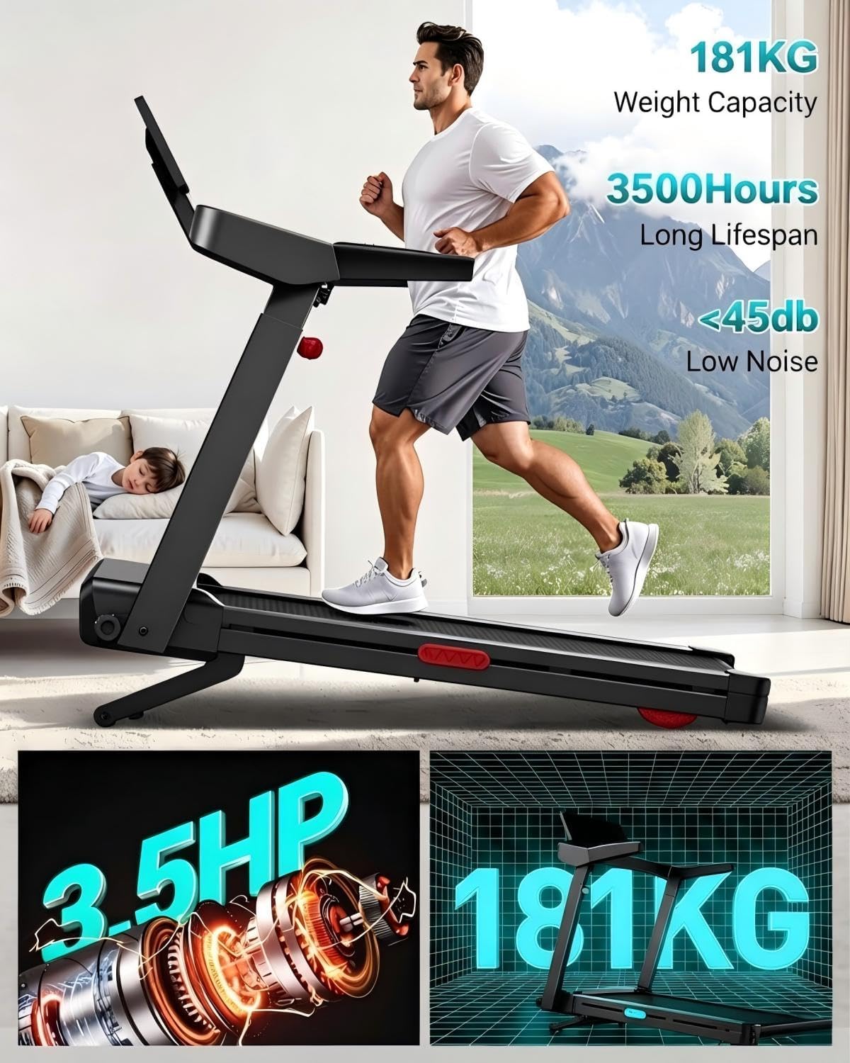 Foldable Walking Pad with 20% Incline, 3.5HP Motor Treadmill For Home