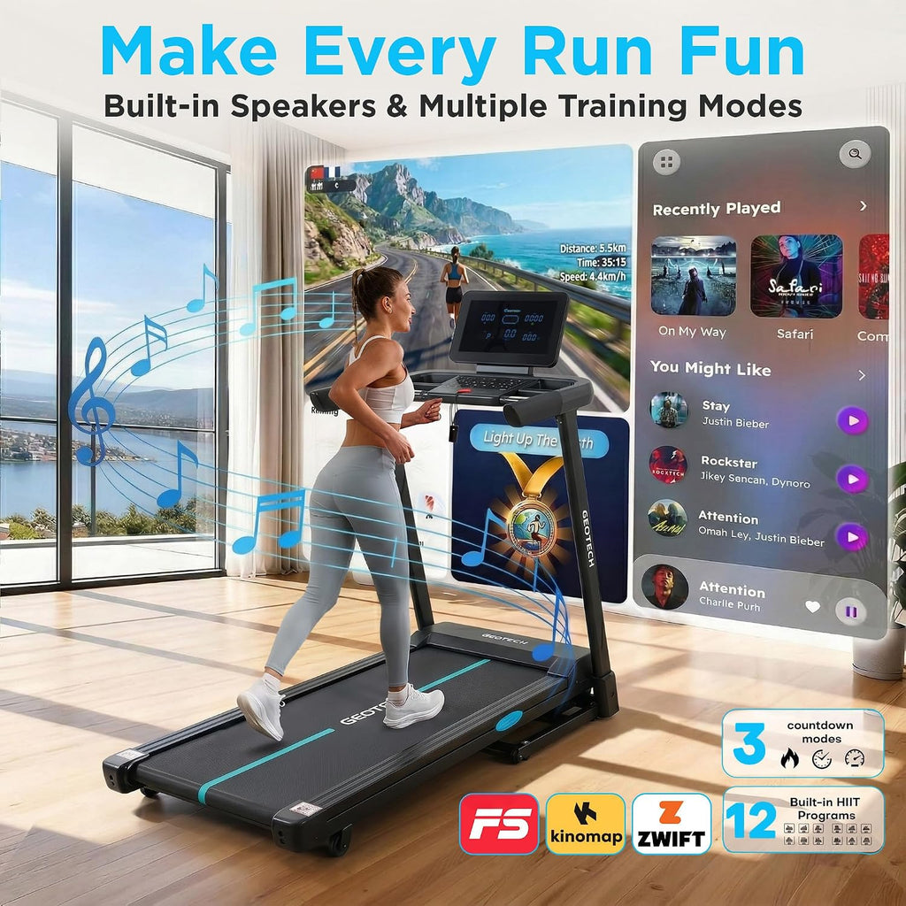 GEOTECH Foldable Treadmill for Home with 15% Auto Incline, 5.0HP Brushless Motor, 14KM/H Running Machine Walking Machine with Handle, Heavy Duty Treadmill for Heavy People 180KG, Large Running Belt