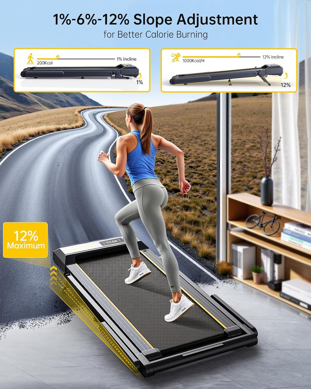 Folding Treadmill with 12% Incline, 6 in 1 Treadmills for Home/Office, Heart Rate, 16KM/H Portable Treadmill, 2.5HP Under Desk Walking Pad, Dual LED Screen, App, Bluetooth Speaker