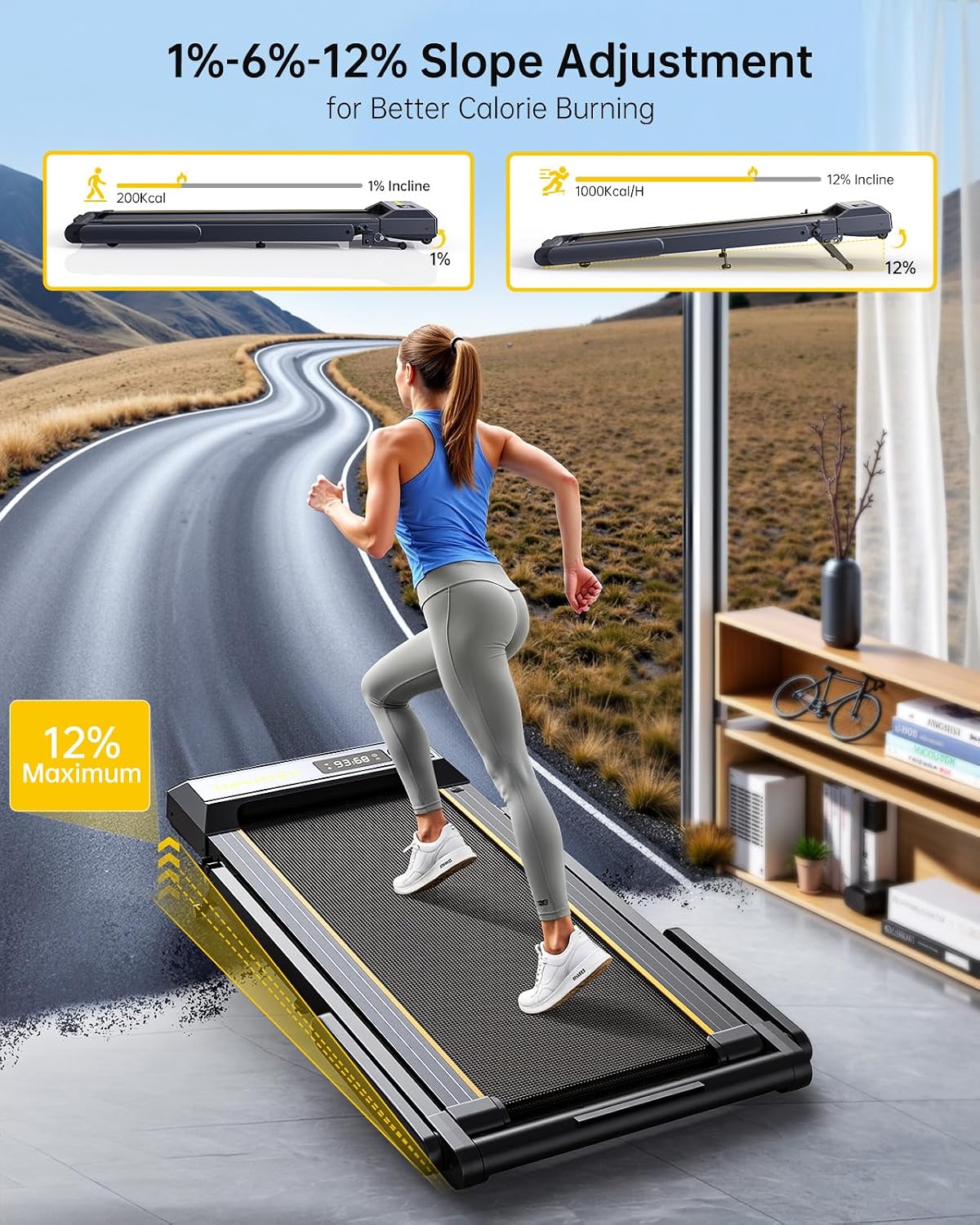 Folding Treadmill with 12% Incline, 6 in 1 Treadmills for Home/Office, Heart Rate, 16KM/H Portable Treadmill, 2.5HP Under Desk Walking Pad, Dual LED Screen, App, Bluetooth Speaker
