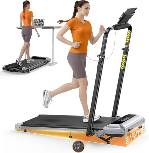1%-6%-12% Incline Walking Pad, Folding Treadmill with 115 CM Retractable Handrail, 95°-105° Adjustable Tilt Angle, 6 in 1 Compact Treadmills for Home/Office, Under Desk Treadmills with App, Remote