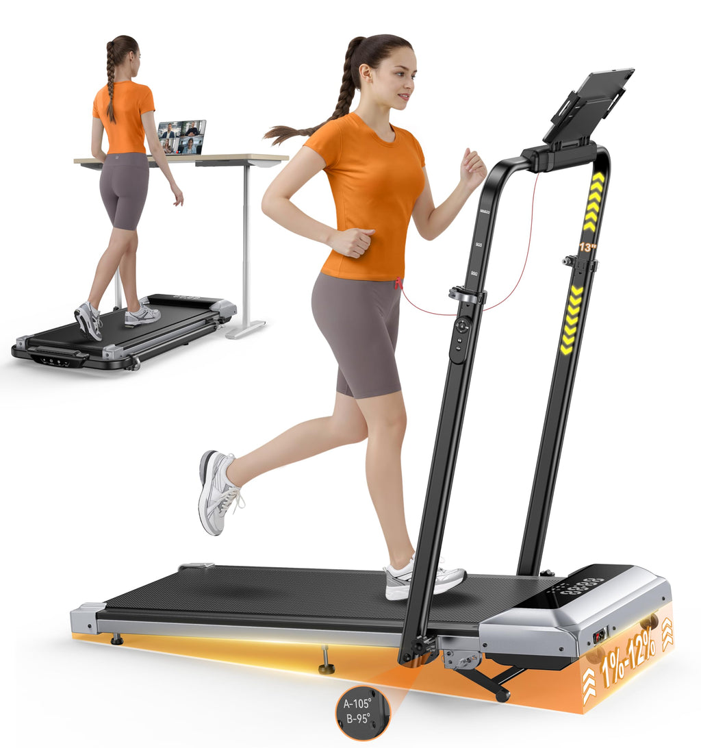 1%-6%-12% Incline Walking Pad, Folding Treadmill with 115 CM Retractable Handrail, 95°-105° Adjustable Tilt Angle, 6 in 1 Compact Treadmills for Home/Office, Under Desk Treadmills with App, Remote