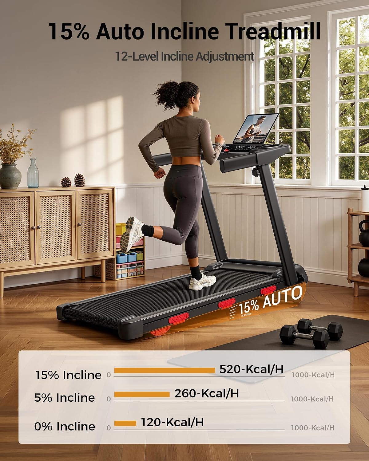 Foldable Walking Pad with 15% Auto Incline, 12KM/H Treadmill Max. 180KG