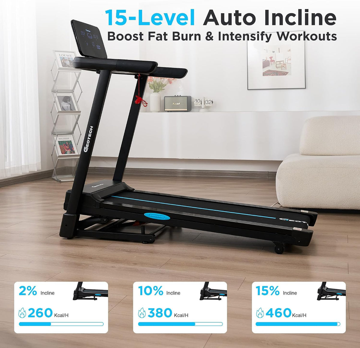 GEOTECH Foldable Treadmill for Home with 15% Auto Incline, 5.0HP Brushless Motor, 14KM/H Running Machine Walking Machine with Handle, Heavy Duty Treadmill for Heavy People 180KG, Large Running Belt