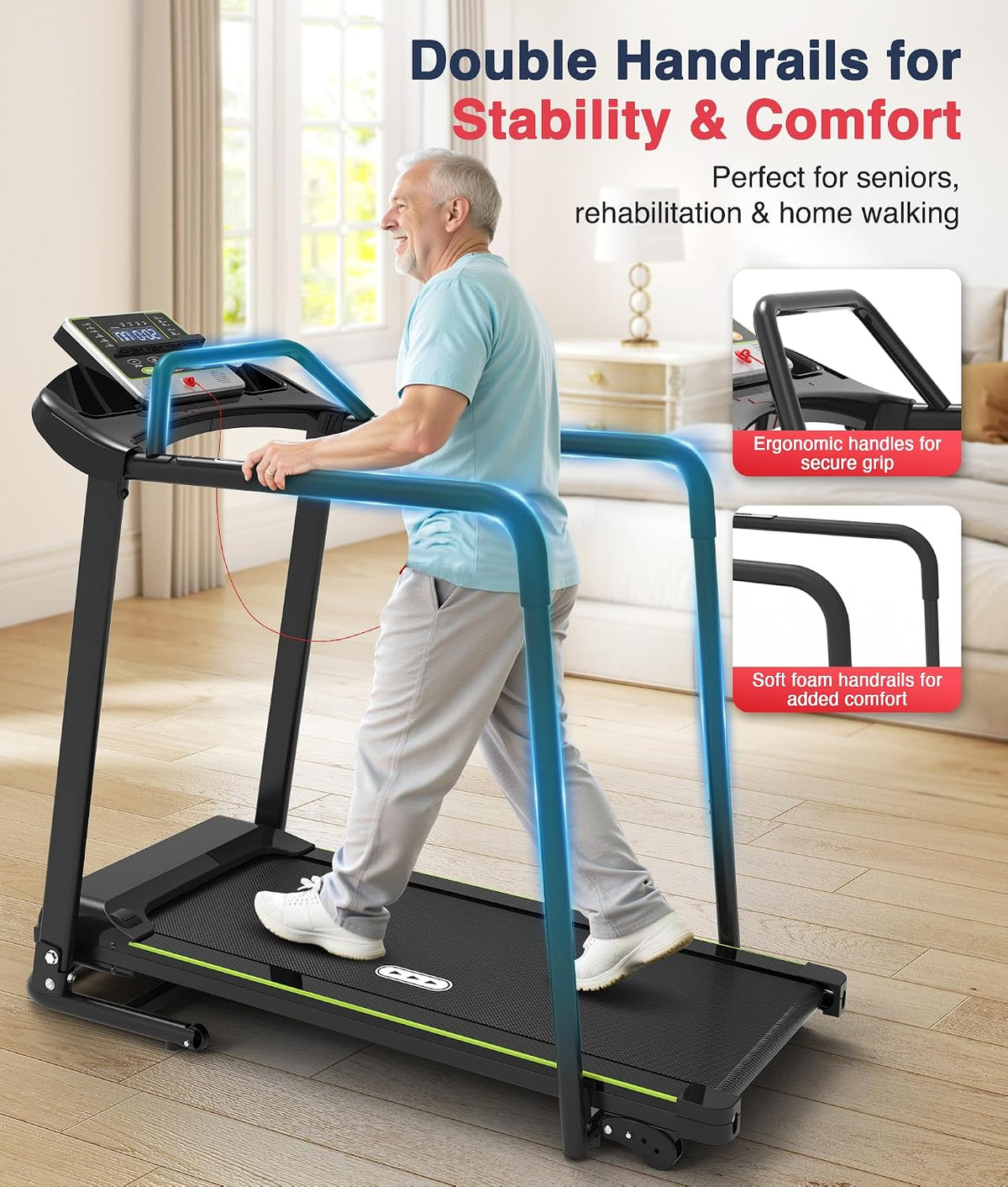 Redliro Walking Treadmill for Seniors with Long Handrails for Home