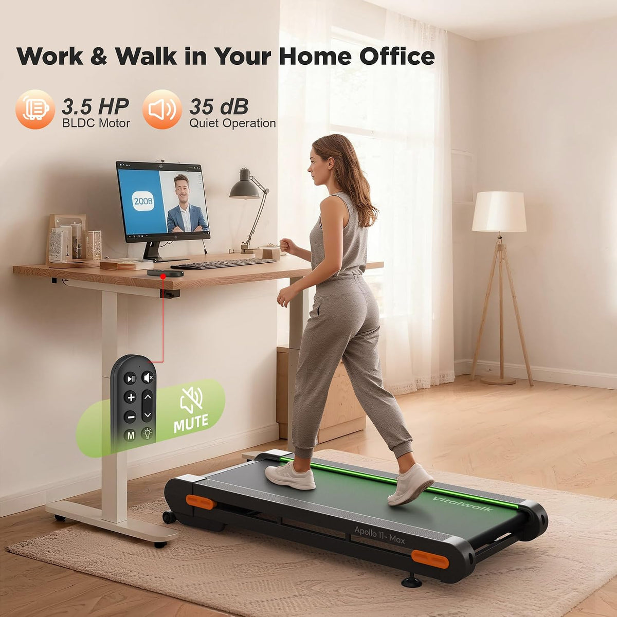 Vitalwalk Walking Pad treadmill with Wide Belt and Auto Incline, Heavy-Duty Under Desk Treadmill for Home and Office, Quiet Operation, Vertical Storage for Small Spaces