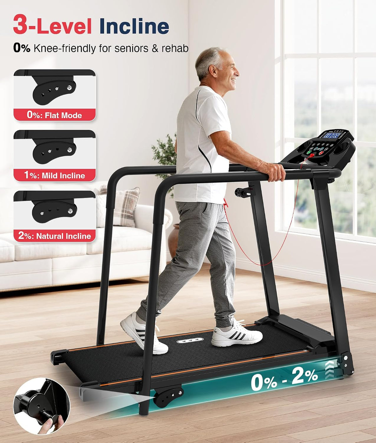 Redliro Treadmill for Seniors with Long Handrail-Walking Treadmill for Home